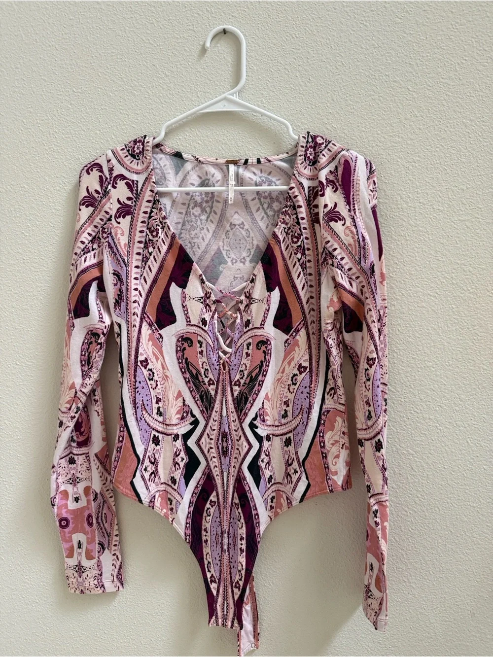 Free People Pick A Place Lace Up Long Sleeve Bodysuit Women’s M Pink Purple Boho